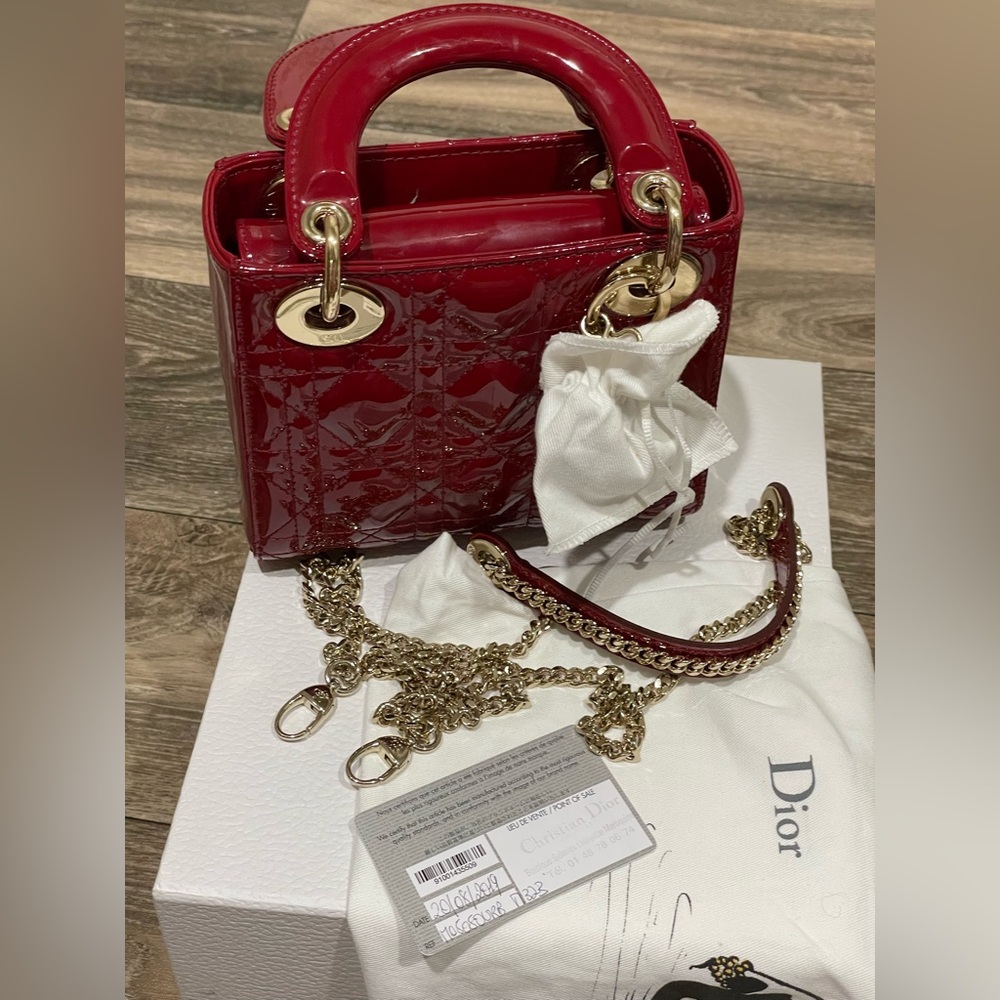 DIOR MINI LADY DIOR BAG CHERRY RED PATENT CANNAGE CALFSKIN GOLD HW PRELOVED - Picture 5 of 13